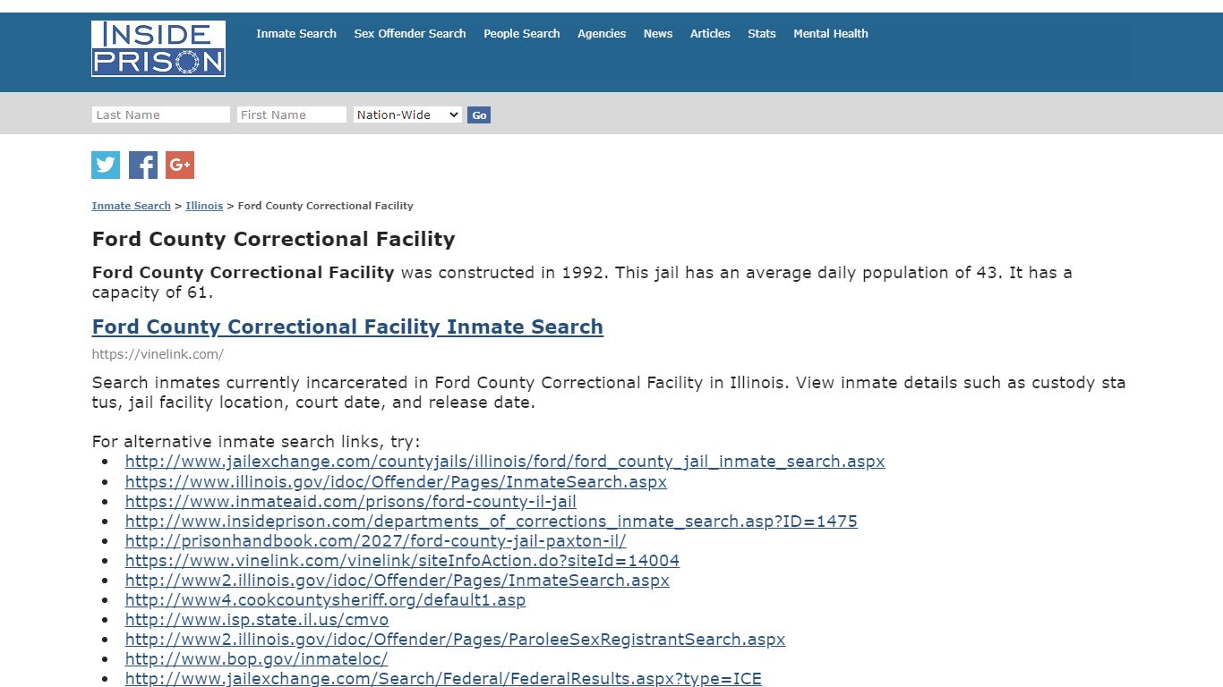 Ford County Correctional Facility - Illinois - Inmate Search