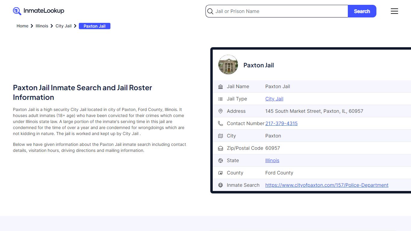 Paxton Jail Inmate Search - Paxton Illinois - Inmate Lookup