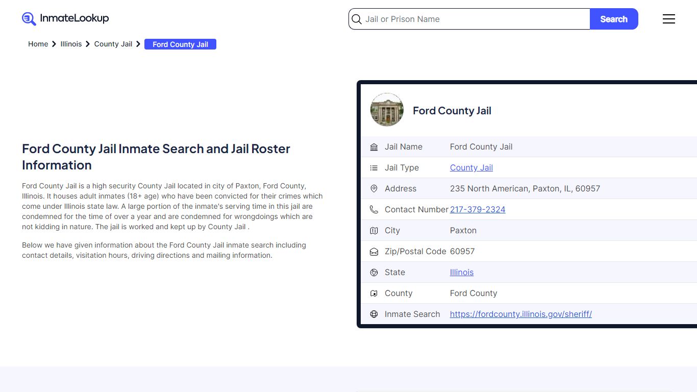 Ford County Jail Inmate Search - Paxton Illinois - Inmate Lookup